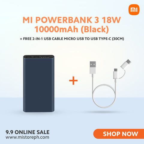 Mi Power Bank 3 18W 10000mAh Black + FREE Mi 2-in-1 USB Cable Micro USB to Type-C 30cm